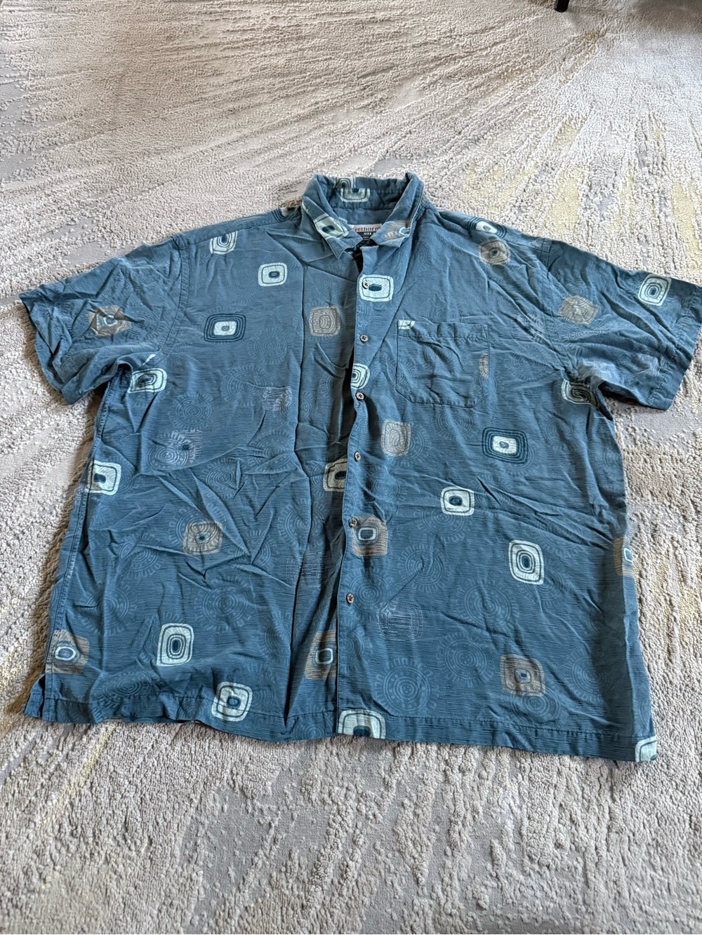 Firethorn Silk button front shirt  Teal Blue square geometric print XXL